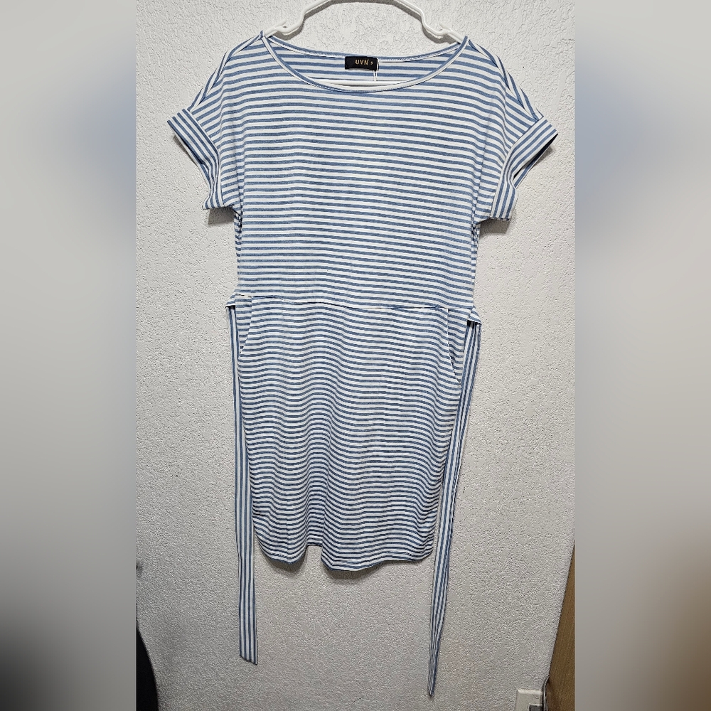 UVN Women Summer Striped Short Sleeve T Shirt Dress Casual Tie Waist Lace Up